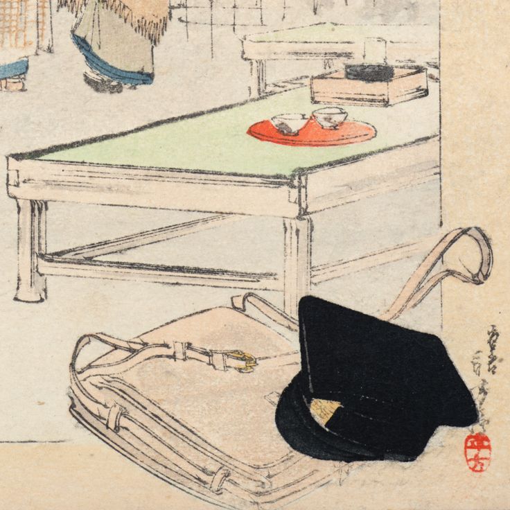 Detail of frontispiece by Mizuno Toshikata for Kingaku to shosei (Nichiyō hyakka zensho, vol. 9), 1896