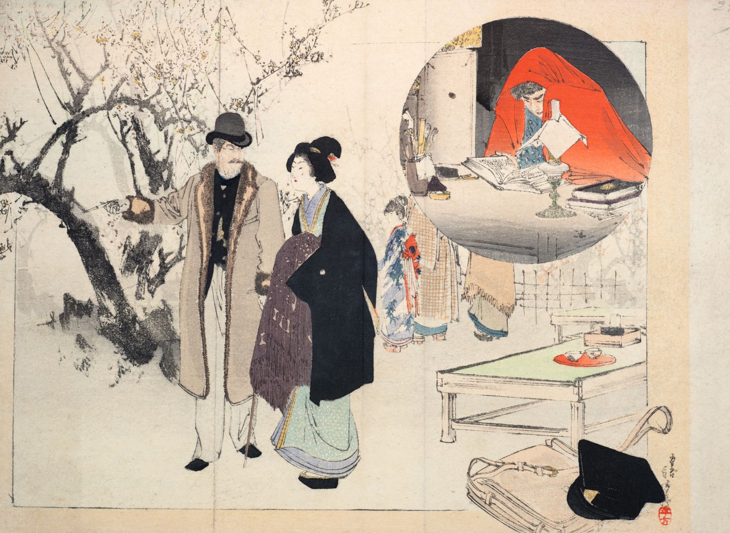Frontispiece by Mizuno Toshikata for Kingaku to shosei (Nichiyō hyakka zensho, vol. 9), 1896