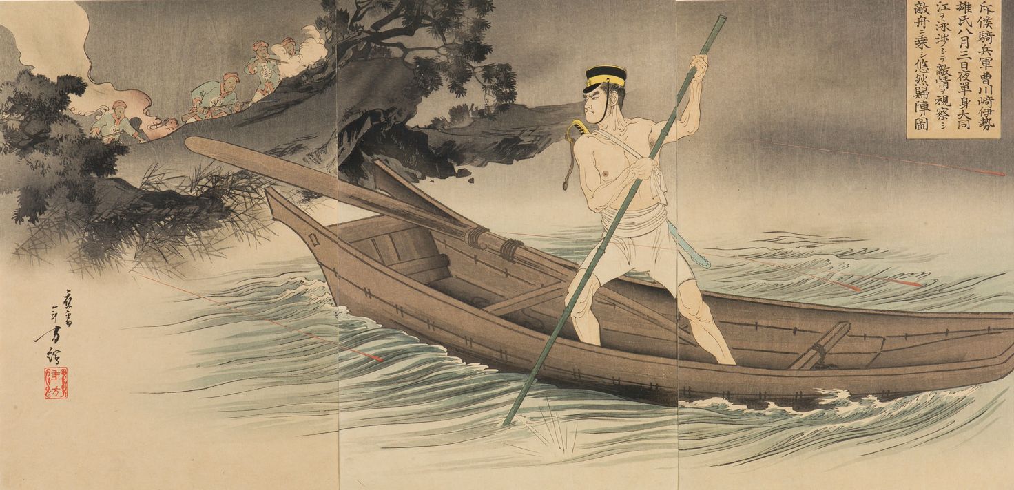 Sekkō kihei gunsō Kawasaki Iseo-shi hachigatsu mikka no yoru tanshin Daidōkō o eishō shite tekijō o shisatsu shi, tekishū ni jōshi yūzen kijun no zu (1894)